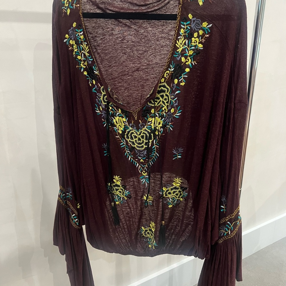 Free People Brown Embroidered Blouse